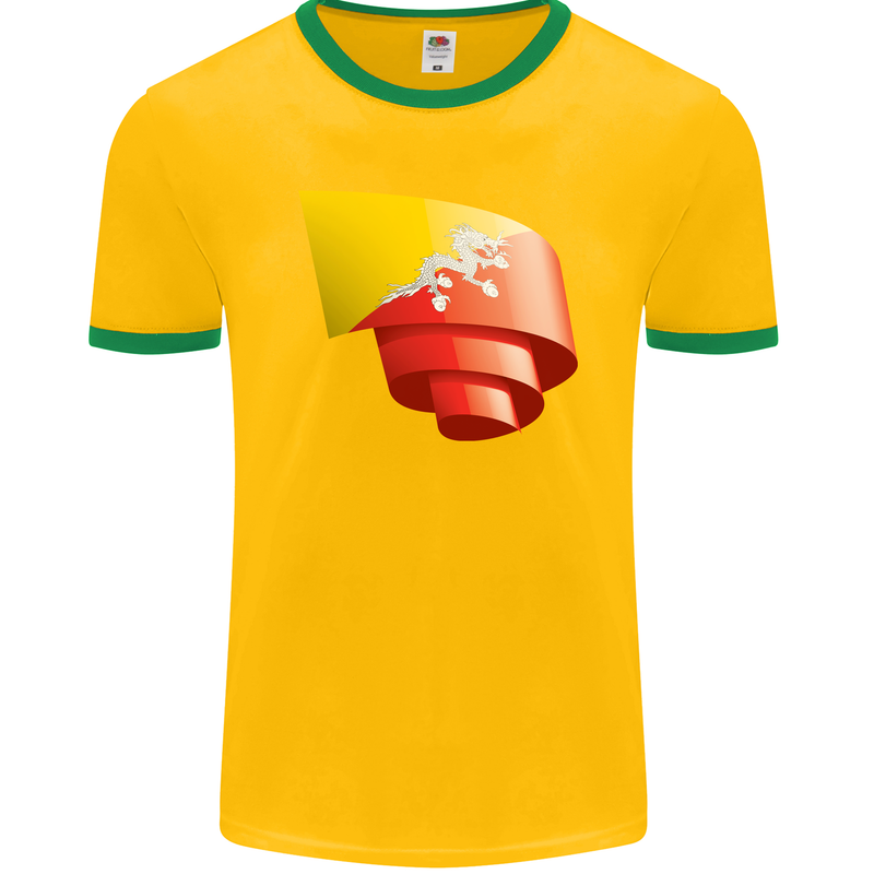 Curled Bhutan Flag Bhutanese Day Football Mens Ringer T-Shirt FotL Gold/Green