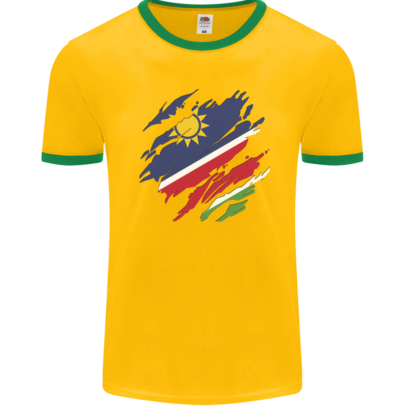 Torn Namibia Flag Namibian Day Football Mens Ringer T-Shirt FotL Gold/Green