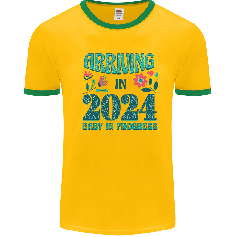 Arriving 2024 New Baby Pregnancy Pregnant Mens Ringer T-Shirt Gold/Green