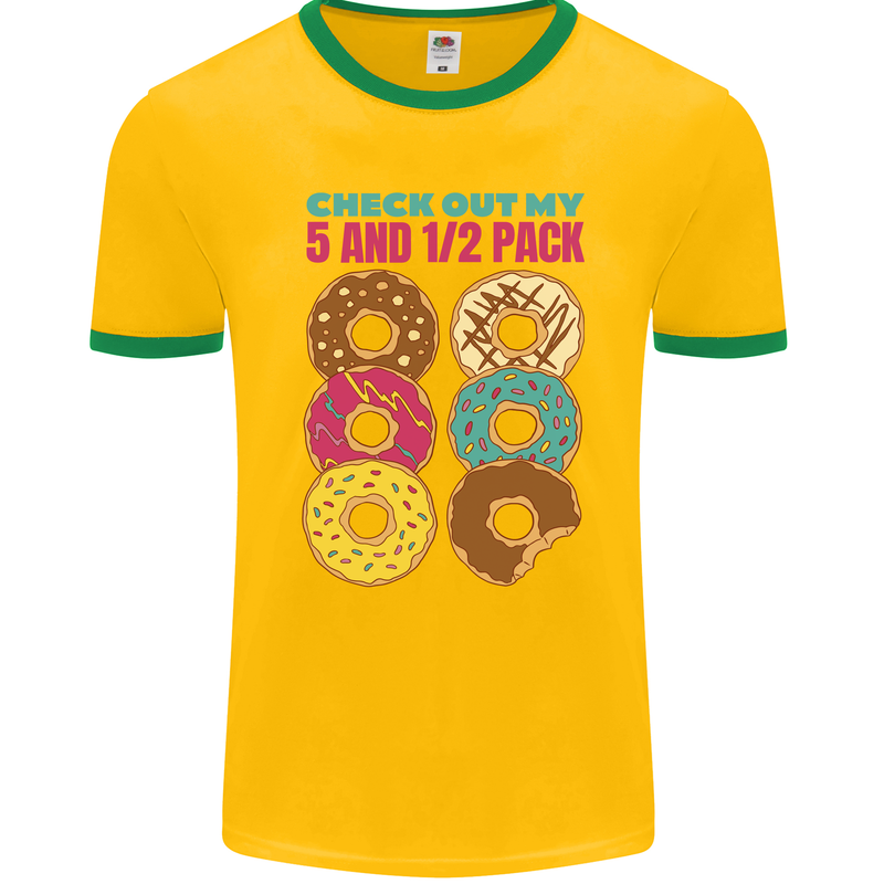 Funny Donut Check Out My 5 1/2 Pack Food Gym Mens Ringer T-Shirt FotL Gold/Green