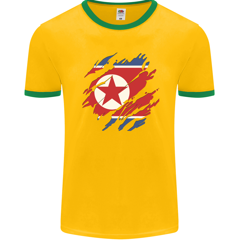 Torn North Korea Flag Korean Day Football Mens Ringer T-Shirt FotL Gold/Green