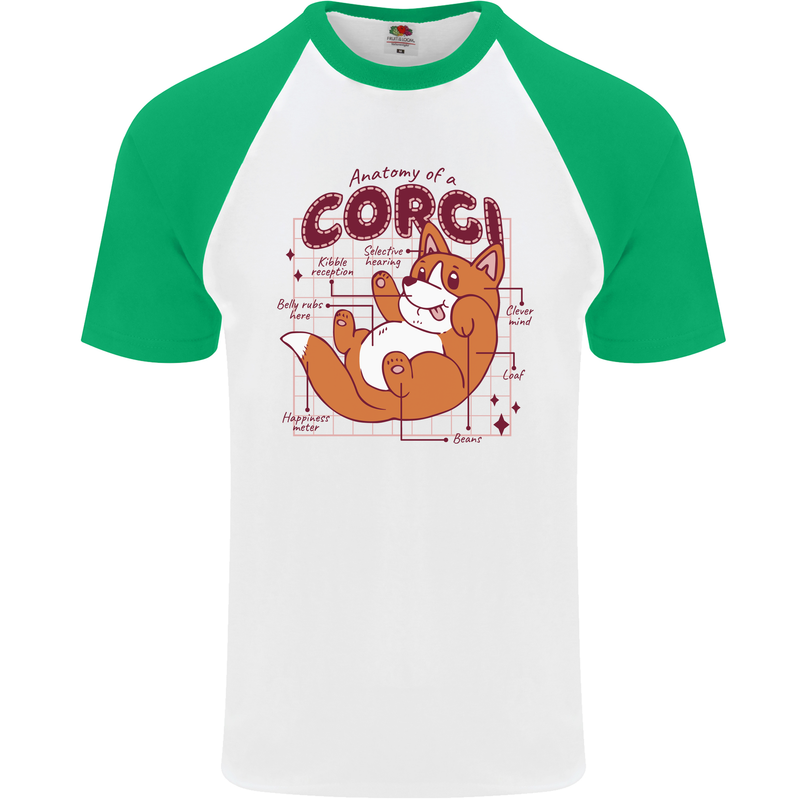 The Anatomy of a Corgi Dog Mens S/S Baseball T-Shirt White/Green