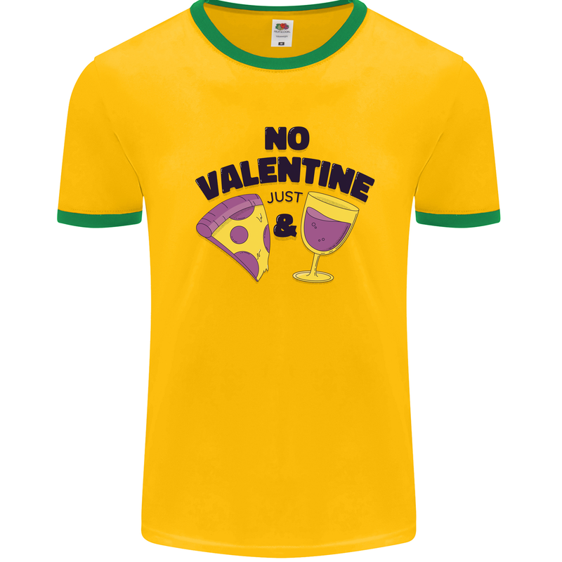 Anti Valentines Day Just Pizza & Wine Mens Ringer T-Shirt Gold/Green