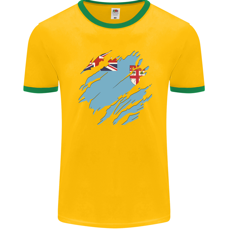 Torn Fiji Flag Fijian Day Football Mens Ringer T-Shirt FotL Gold/Green