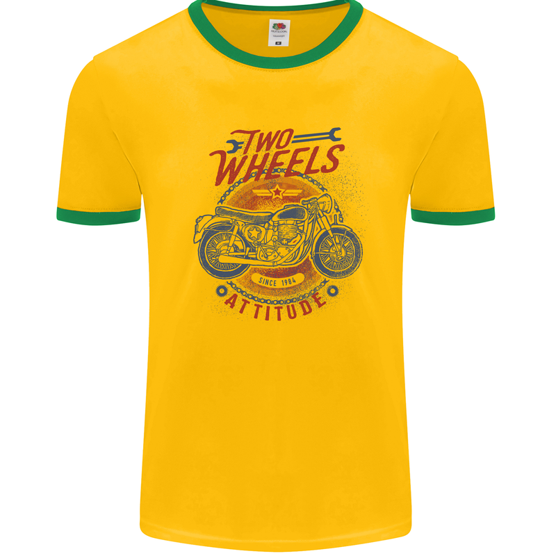 Two Wheels Attitude Motorcycle Biker Motorbike Mens Ringer T-Shirt Gold/Green