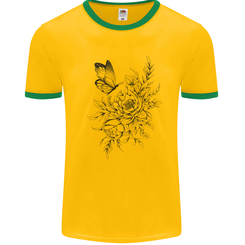 Butterfly & Flowers Mens Ringer T-Shirt Gold/Green