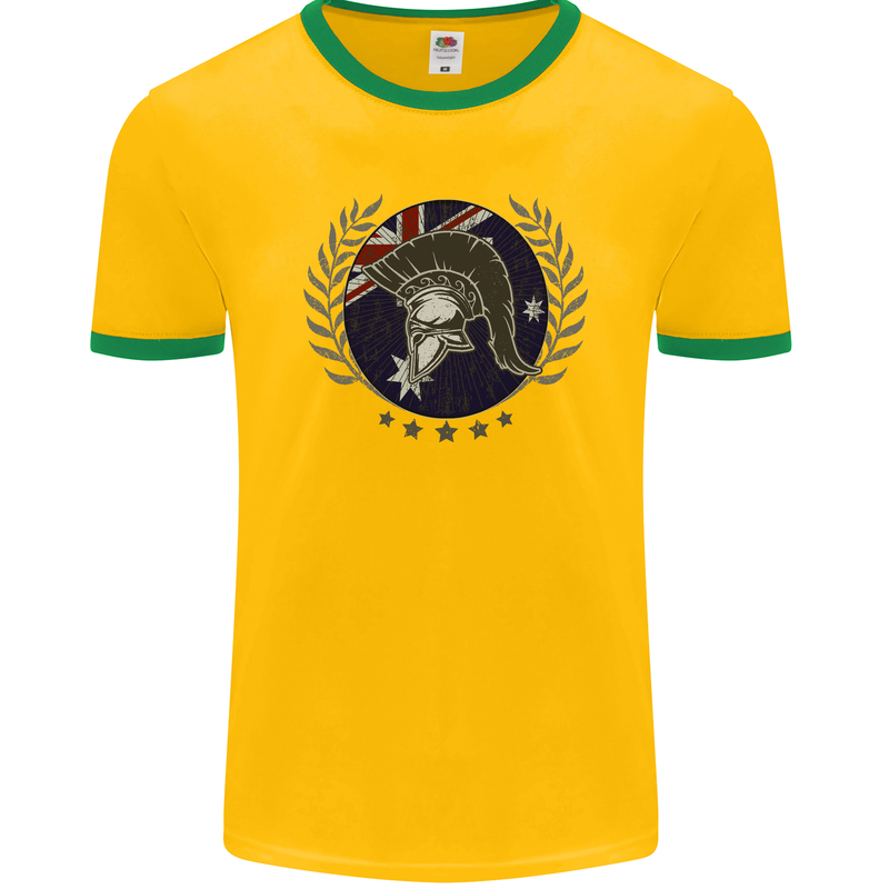 Australian Bodybuilding Flag Gym Training Spartan Mens Ringer T-Shirt FotL Gold/Green