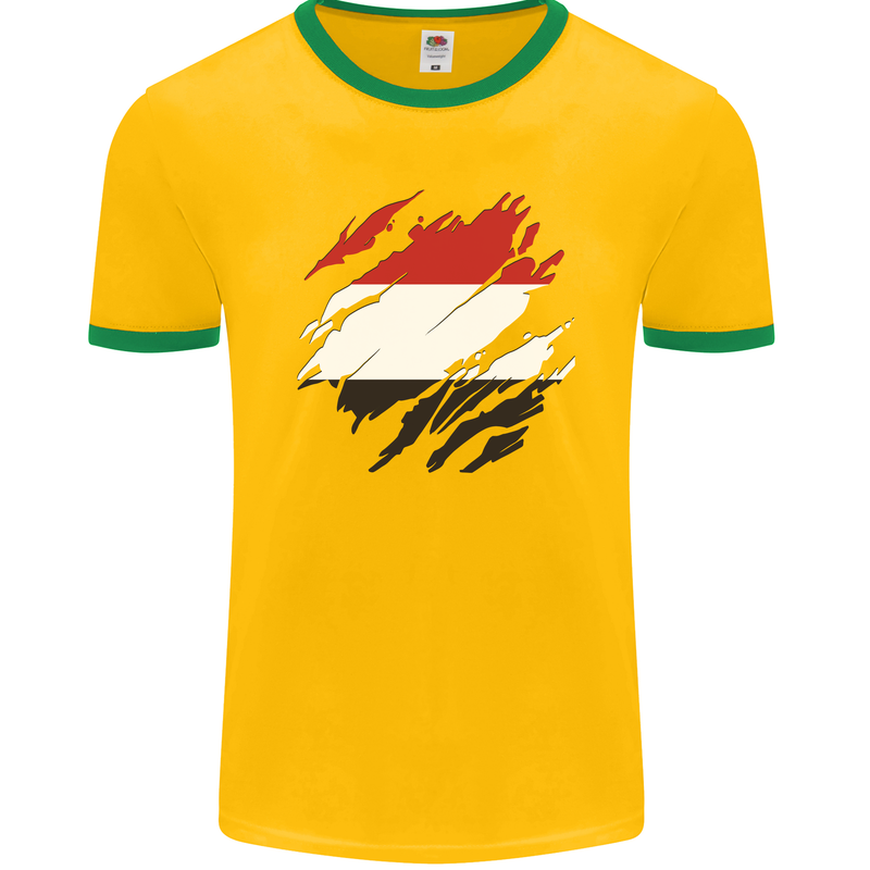 Torn Yemen Flag Yemeni Day Football Mens Ringer T-Shirt FotL Gold/Green