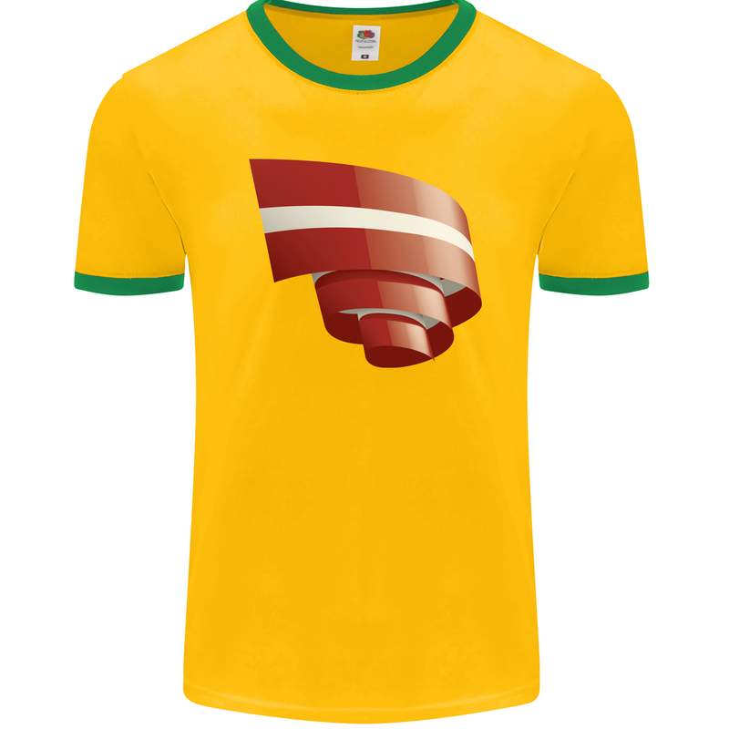 Curled Latvia Flag Latvian Day Football Mens Ringer T-Shirt FotL Gold/Green
