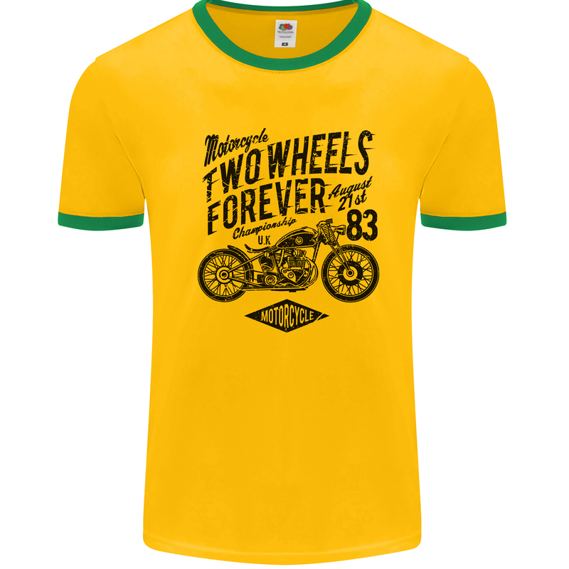 Two Wheels Forever Motorcycle Cafe Racer Mens Ringer T-Shirt Gold/Green