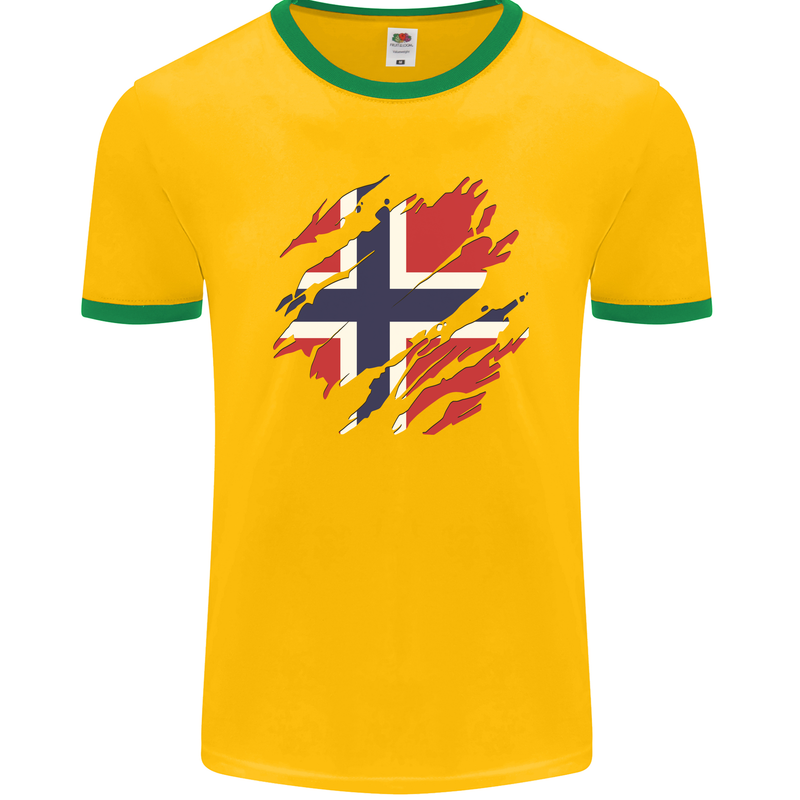 Torn Norway Flag Norwegian Day Football Mens Ringer T-Shirt FotL Gold/Green