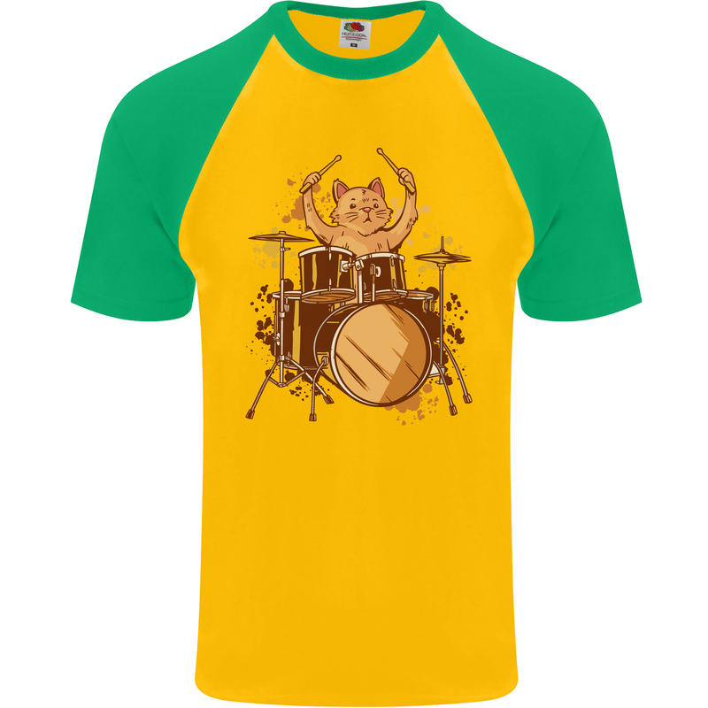 A Cat Drummer Drumming Mens S/S Baseball T-Shirt Gold/Green