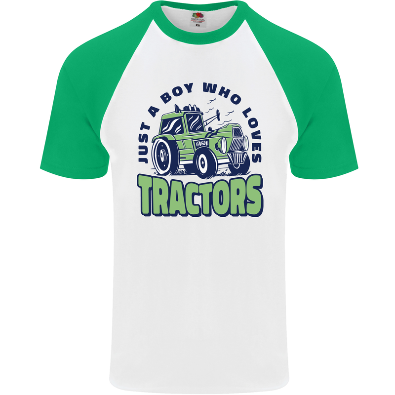 Just a Boy Who Loves Tractors Farmer Mens S/S Baseball T-Shirt White/Green