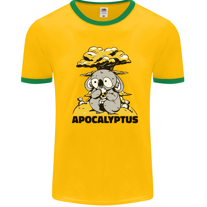 Apocalyptus Koala Bear Climate Change Armageddon Mens Ringer T-Shirt Gold/Green