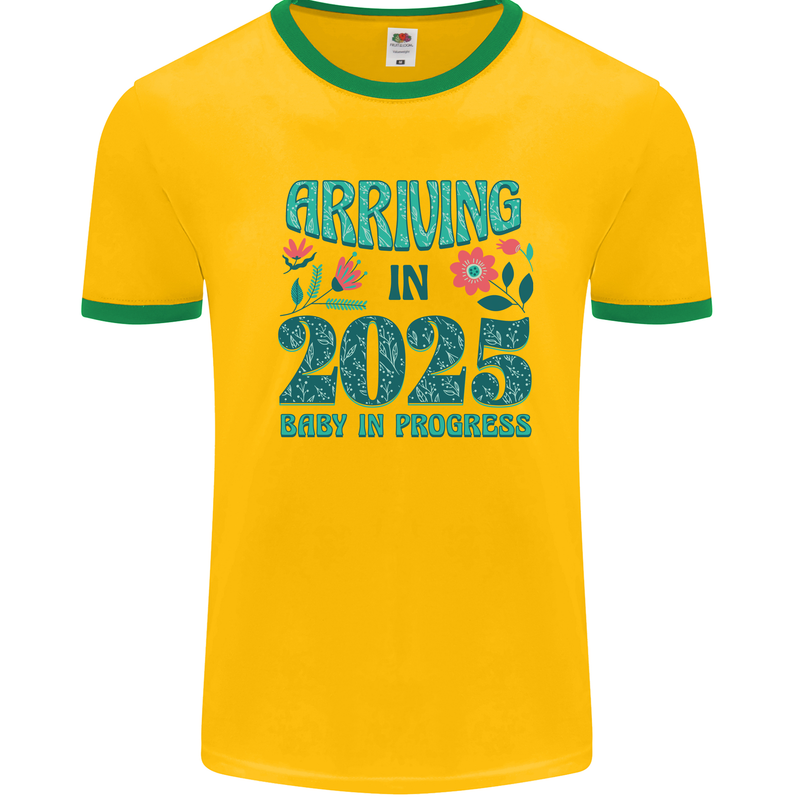 Arriving 2025 New Baby Pregnancy Pregnant Mens Ringer T-Shirt Gold/Green