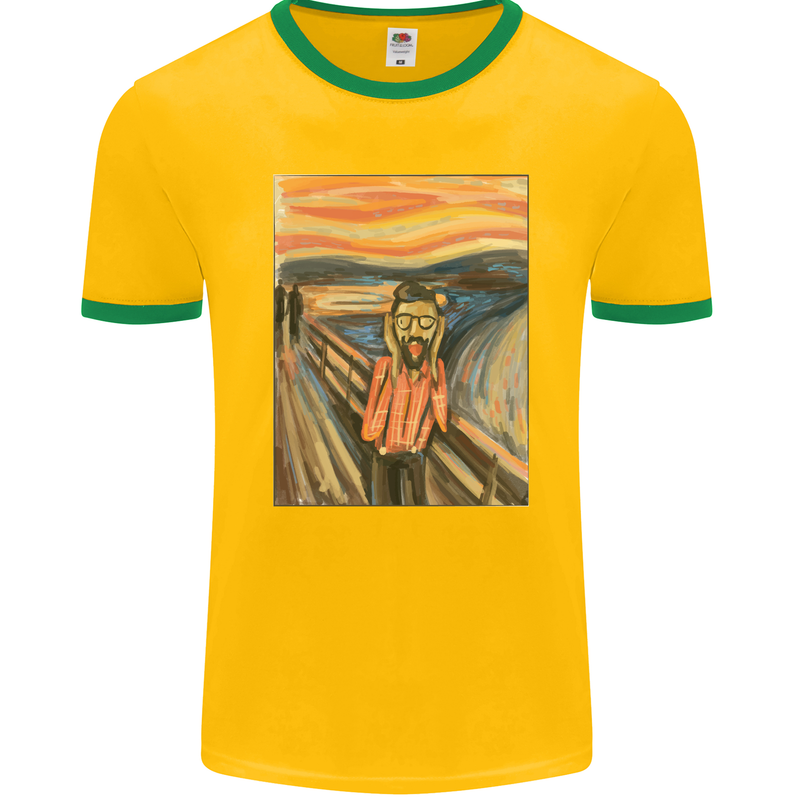 Hipster Scream Painting Mens Ringer T-Shirt FotL Gold/Green