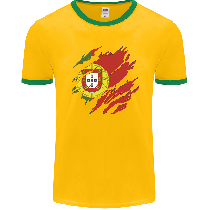 Torn Portugal Flag Portugese Day Football Mens Ringer T-Shirt FotL Gold/Green