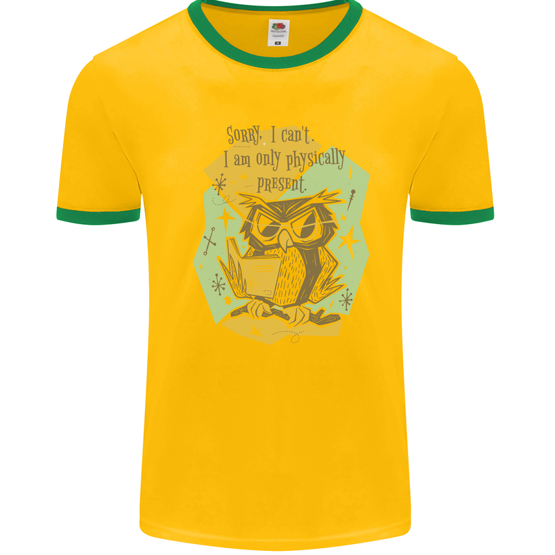 Funny Book Reading Owl Bookworm Books Mens Ringer T-Shirt Gold/Green