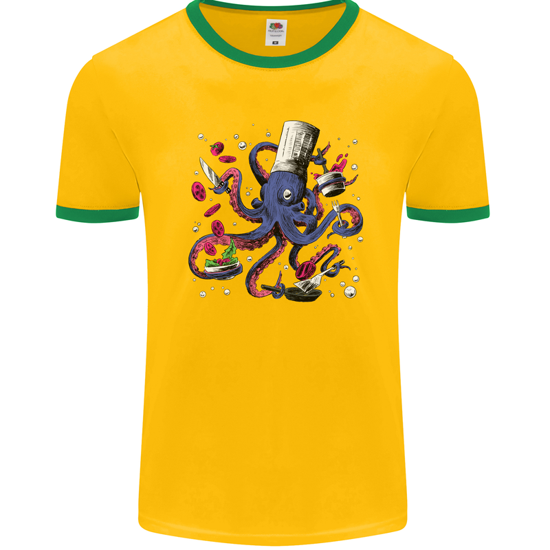 Octo Chef Funny Octopus Cook Cooking Mens Ringer T-Shirt FotL Gold/Green