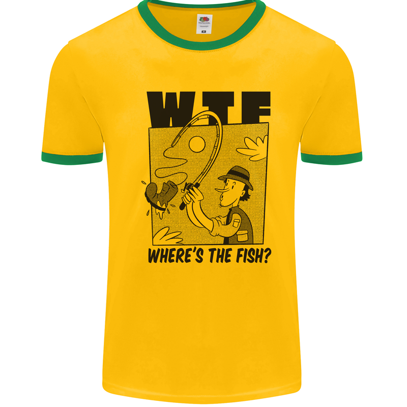 WTF Wheres the Fish Funny Fishing Fisherman Mens Ringer T-Shirt Gold/Green