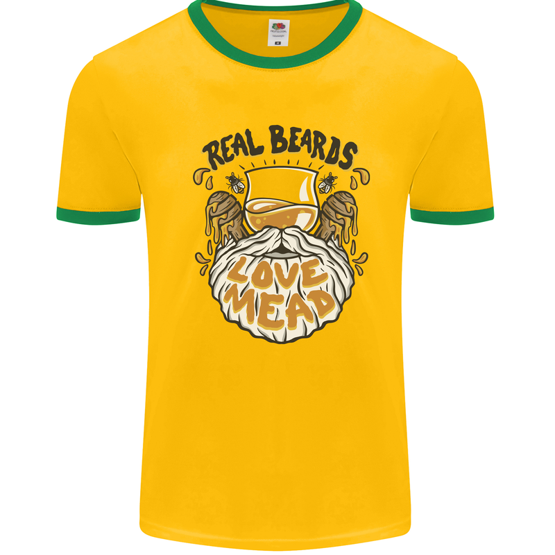 Real Beards Love Mead Funny Beer Alcohol Mens Ringer T-Shirt Gold/Green