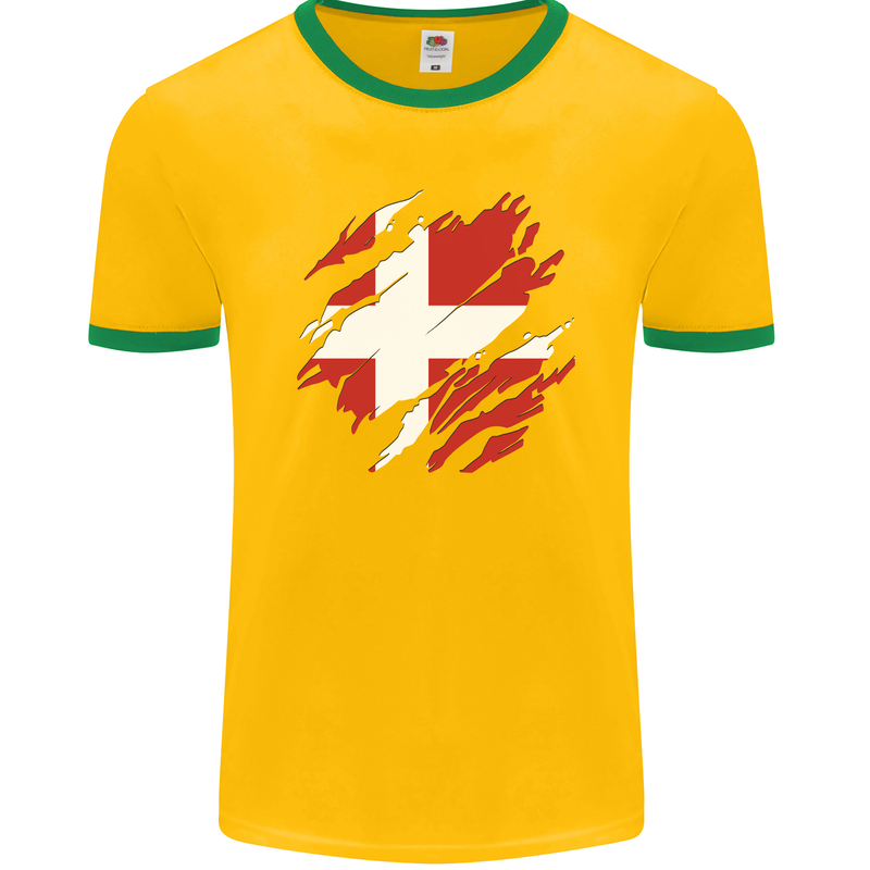 Torn Denmark Flag Danish Day Football Mens Ringer T-Shirt FotL Gold/Green