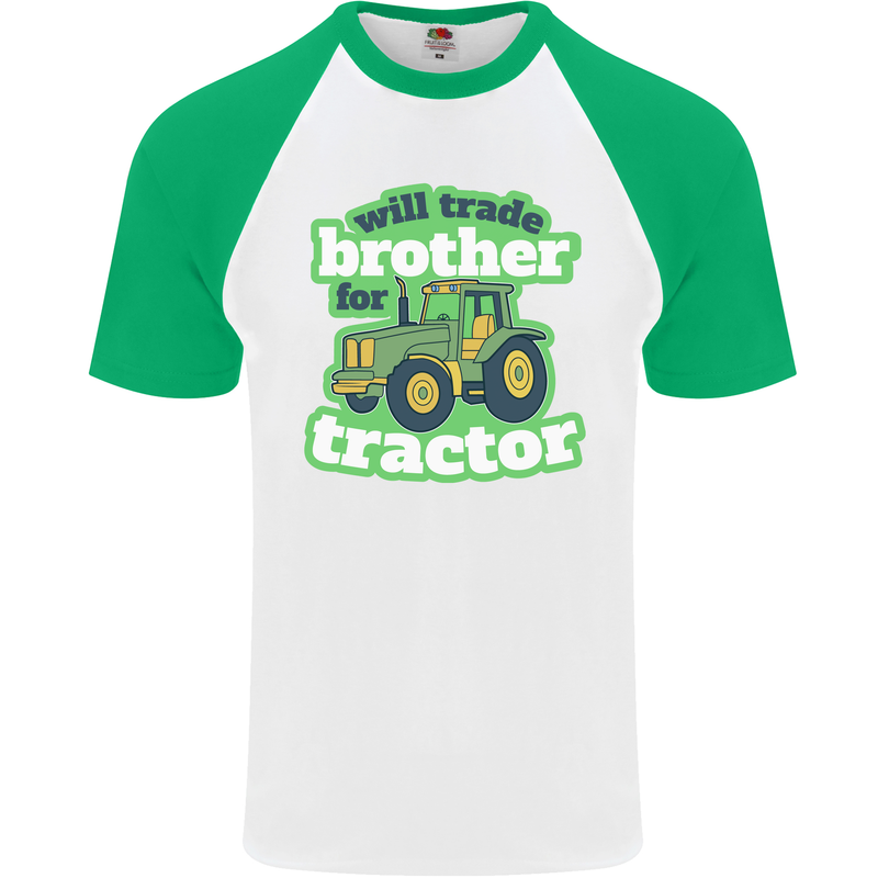 Will Trade Brother For Tractor Farmer Mens S/S Baseball T-Shirt White/Green