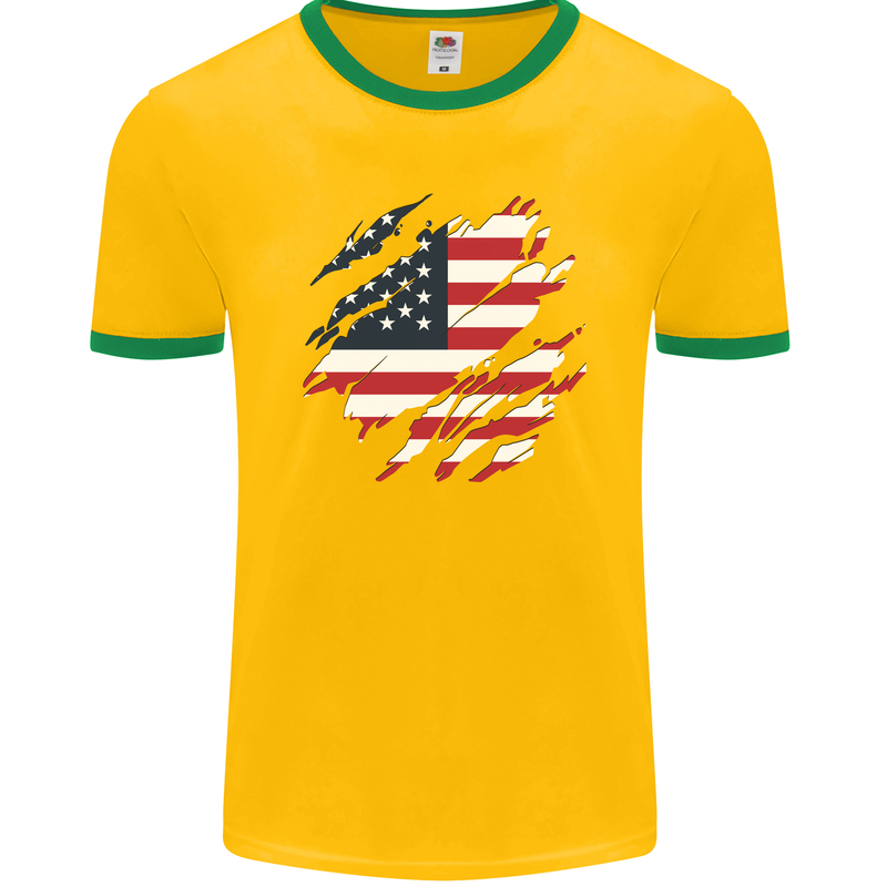 Torn USA Flag Independance Day Football Mens Ringer T-Shirt FotL Gold/Green