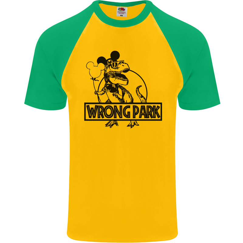 Wrong Park Funny T-Rex Dinosaur Jurrasic Mens S/S Baseball T-Shirt Gold/Green