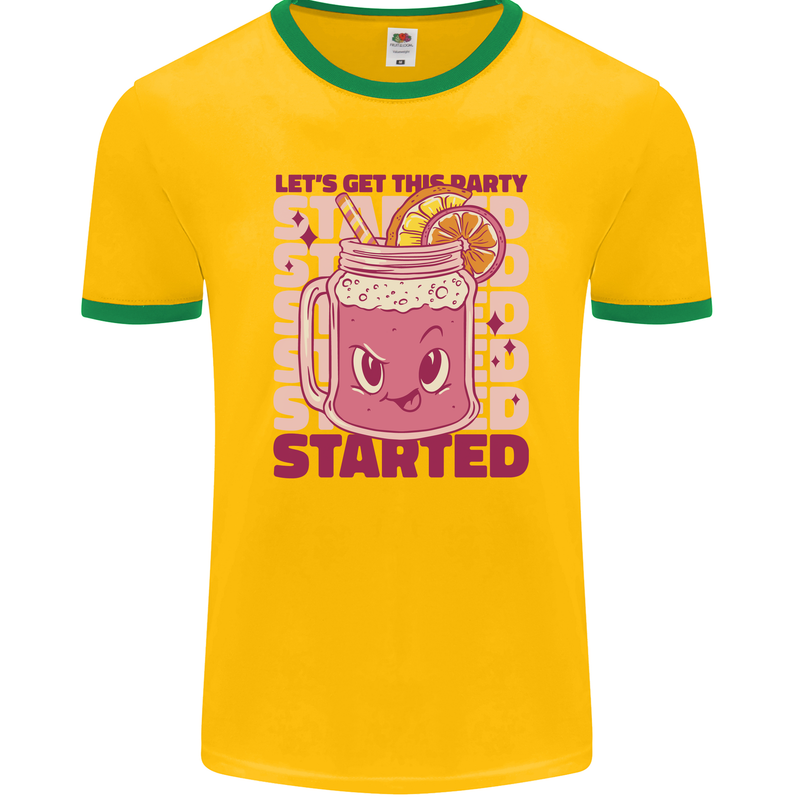 Party Started Alcohol Beer Hen Doo Stag Do Mens Ringer T-Shirt FotL Gold/Green