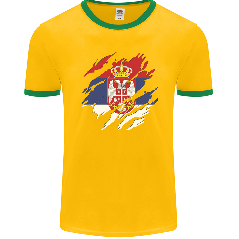 Torn Serbia Flag Serbia Day Football Mens Ringer T-Shirt FotL Gold/Green