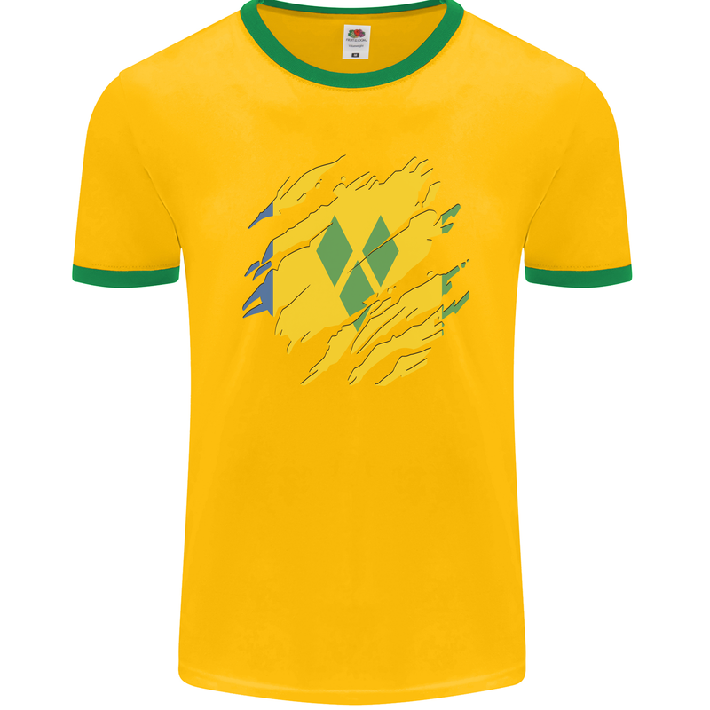 Torn Saint Vincent and Grenadines Flag Football Mens Ringer T-Shirt FotL Gold/Green