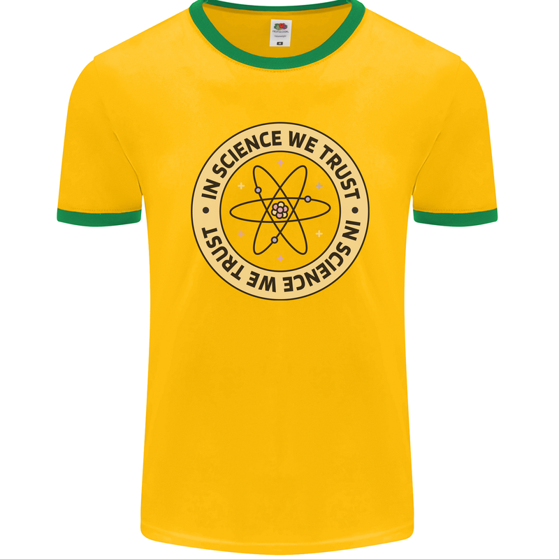 In Science We Trust Physics Geek Nerd Mens Ringer T-Shirt FotL Gold/Green