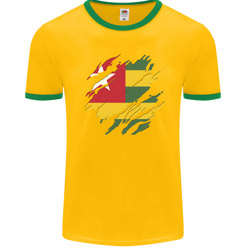 Torn Togo Flag Togolese Day Football Mens Ringer T-Shirt FotL Gold/Green