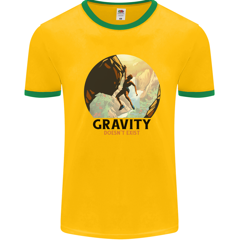 Rock Climbing Gravity Doesnt Exist Climber Mens Ringer T-Shirt Gold/Green