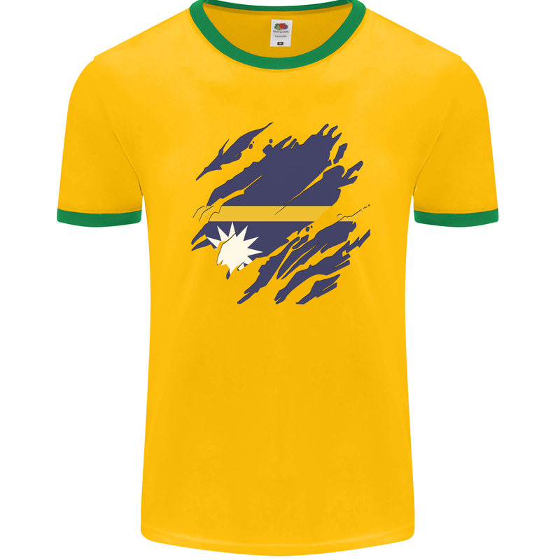 Torn Nauru Flag Nauruan Day Football Mens Ringer T-Shirt FotL Gold/Green