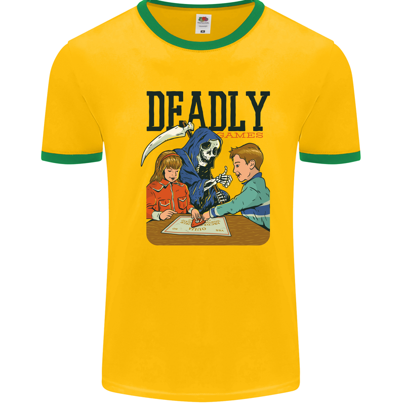 Deadly Games Ouija Board For Kids Grim Reaper Mens Ringer T-Shirt Gold/Green