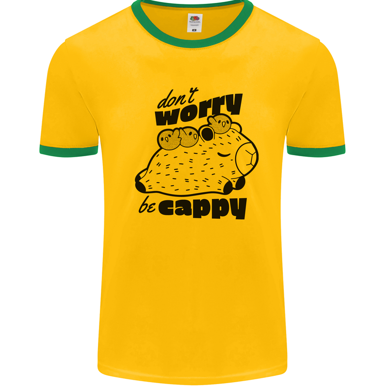 Cappybara Dont Worry Be Cappy Mens Ringer T-Shirt Gold/Green