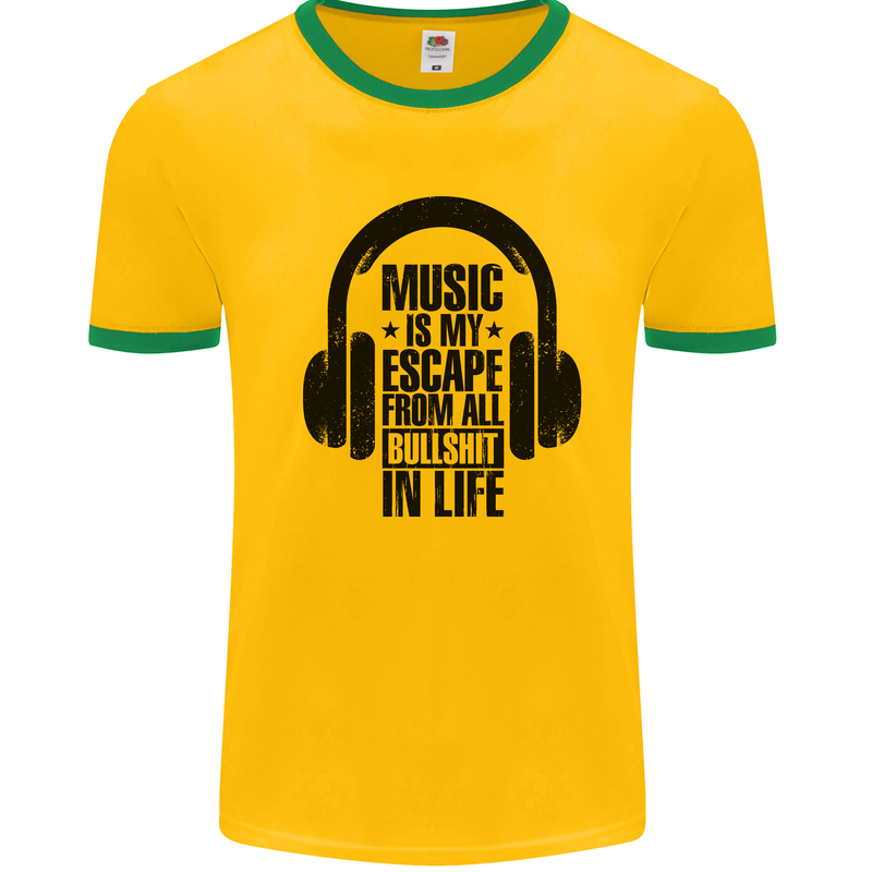 Music Is My Escape From B/S in Life Rock Mens Ringer T-Shirt Gold/Green