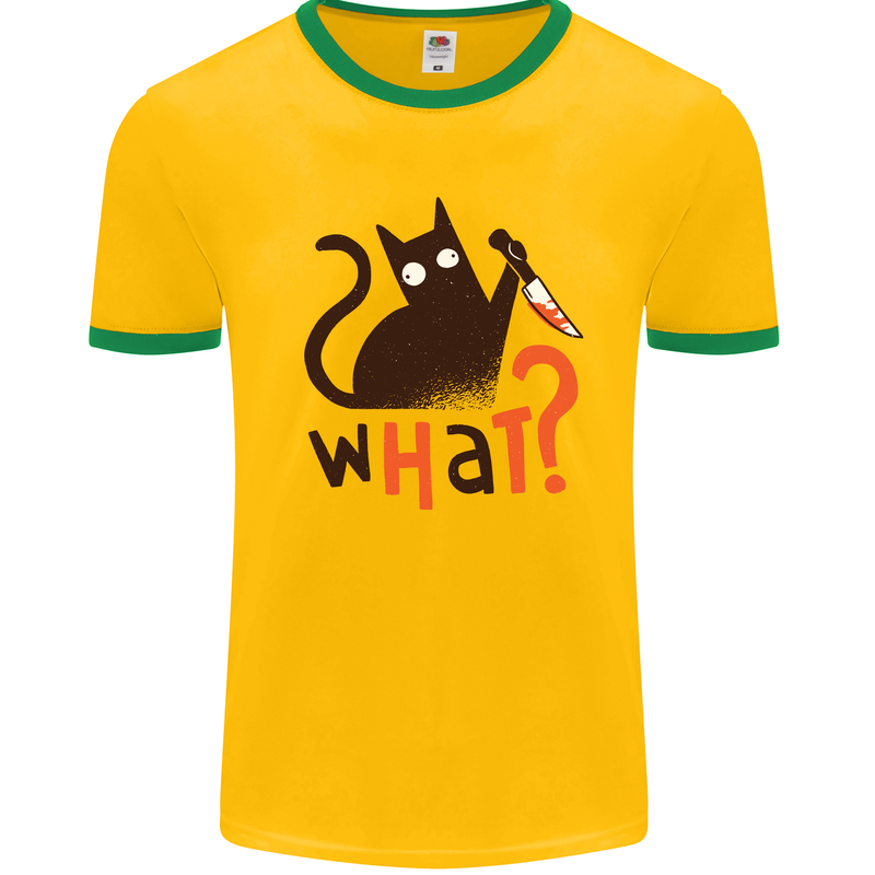 What? Funny Murderous Black Cat Halloween Mens Ringer T-Shirt Gold/Green