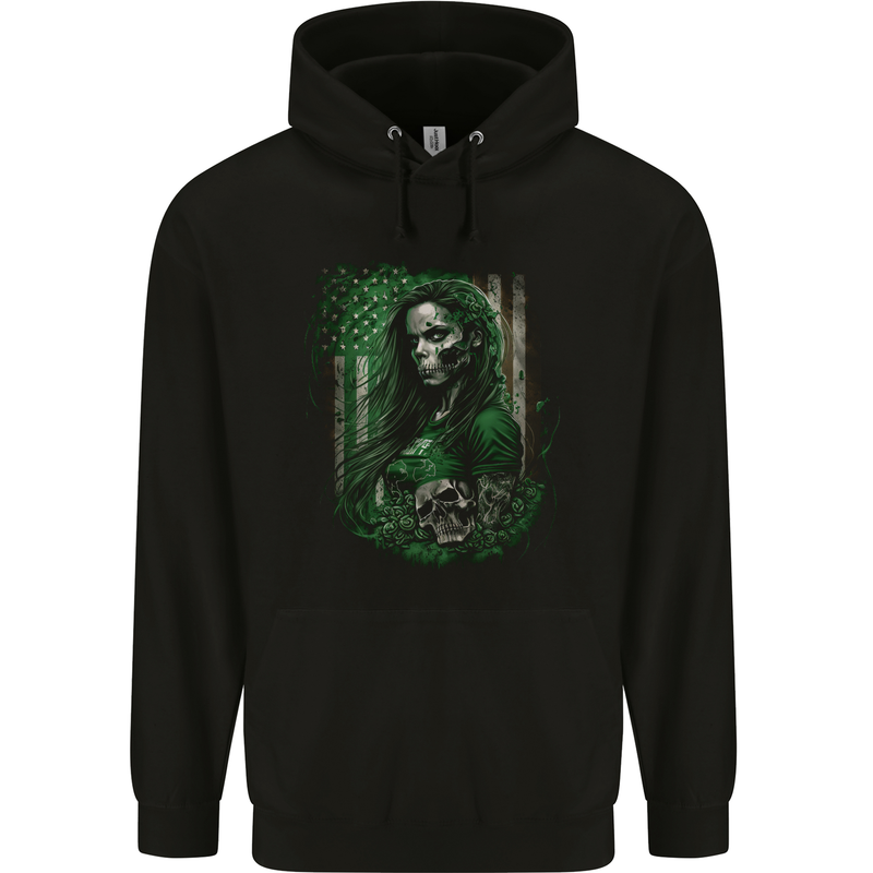 Green Zombie Woman USA Flag St Patricks Day Childrens Kids Hoodie Black