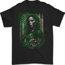 Green Zombie Woman USA Flag St Patricks Day Mens T-Shirt 100% Cotton BLACK