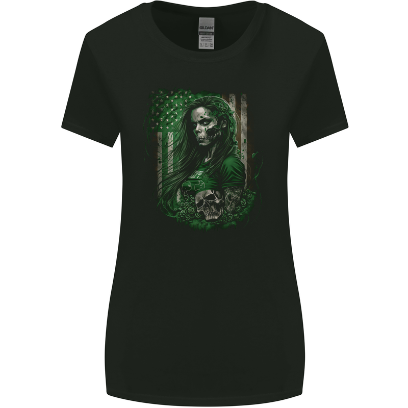 Green Zombie Woman USA Flag St Patricks Day Womens Wider Cut T-Shirt Black