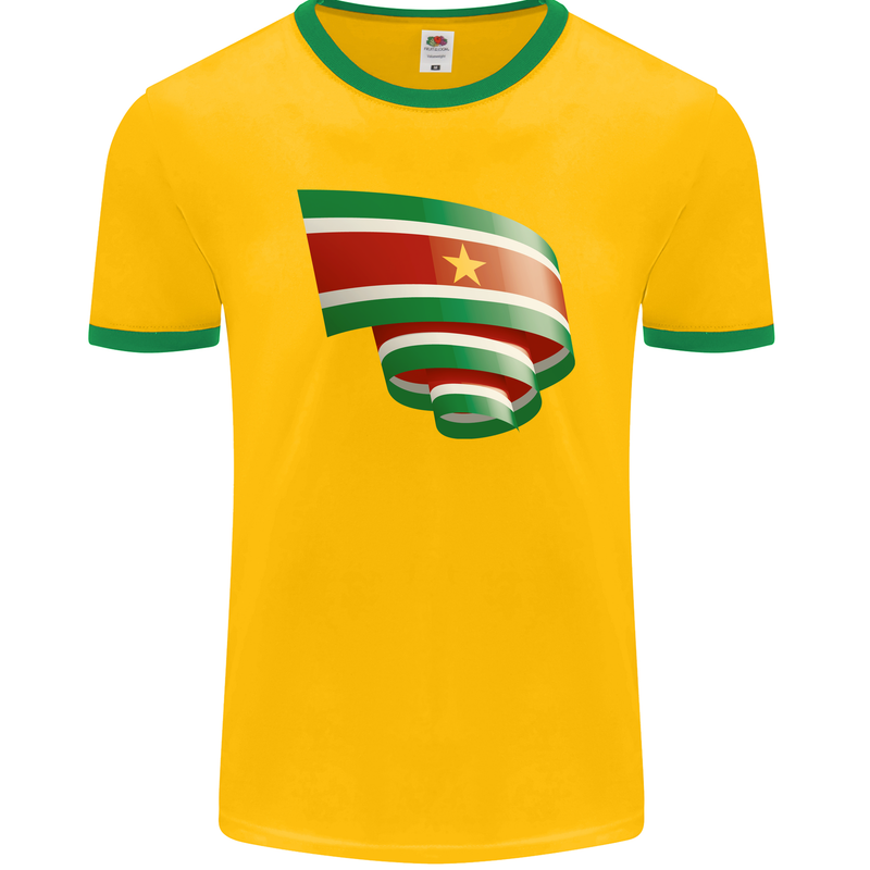 Curled Suriname Flag Suriname Day Football Mens Ringer T-Shirt FotL Gold/Green
