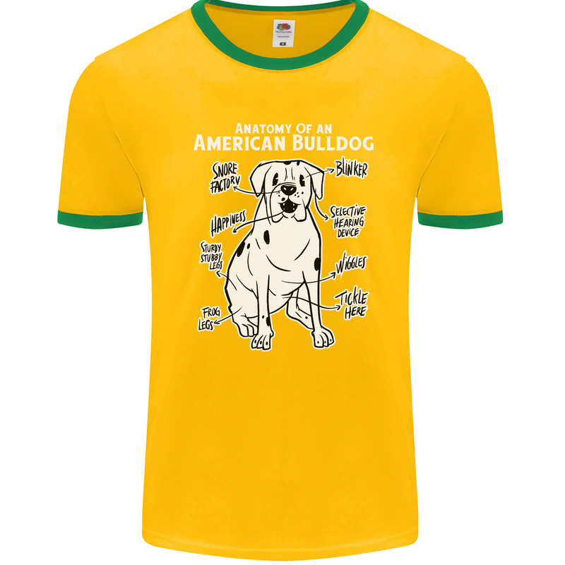 American Bulldog Anatomy Funny Dog Mens Ringer T-Shirt FotL Gold/Green