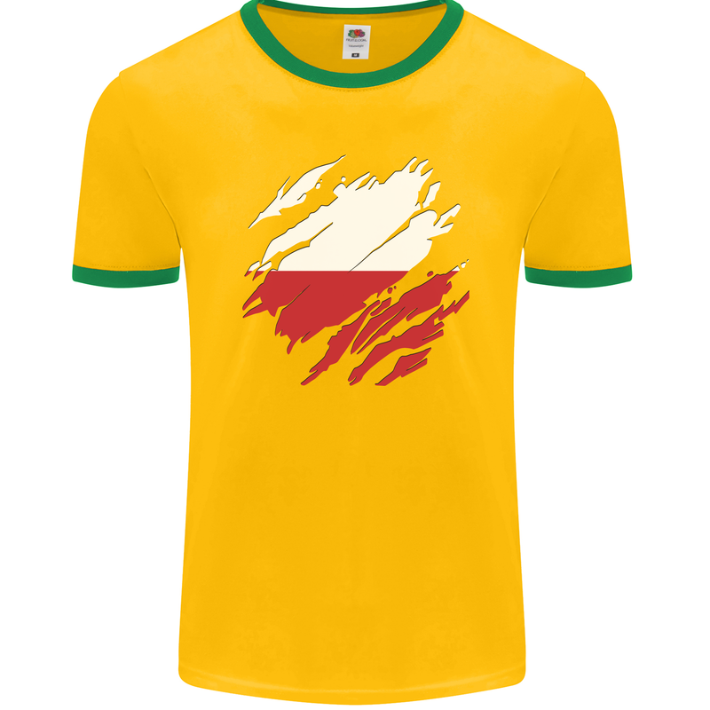 Torn Poland Flag Polish Day Football Mens Ringer T-Shirt FotL Gold/Green