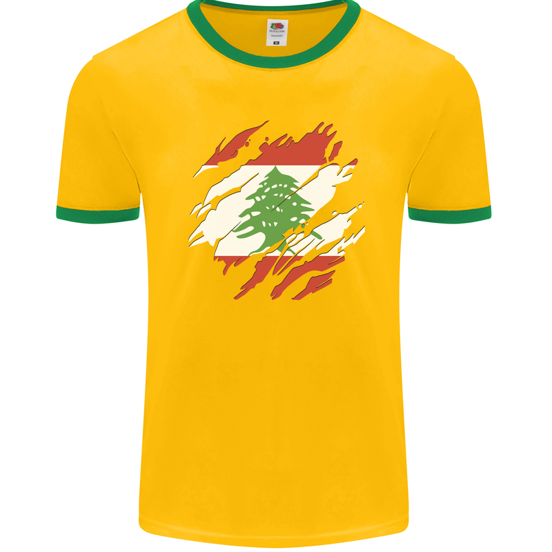 Torn Lebanon Flag Lebanese Day Football Mens Ringer T-Shirt FotL Gold/Green