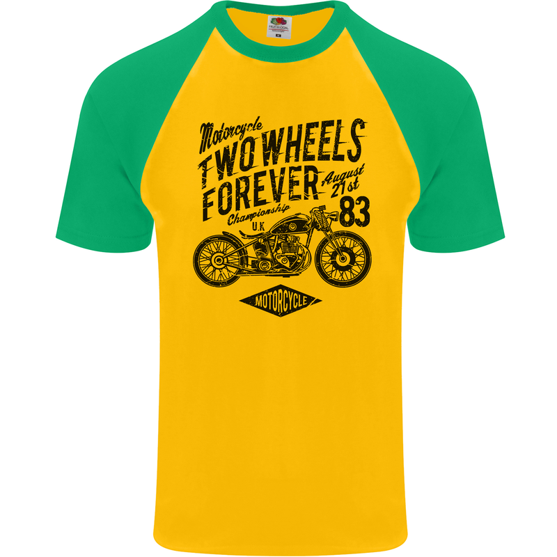 Two Wheels Forever Motorcycle Cafe Racer Mens S/S Baseball T-Shirt Gold/Green