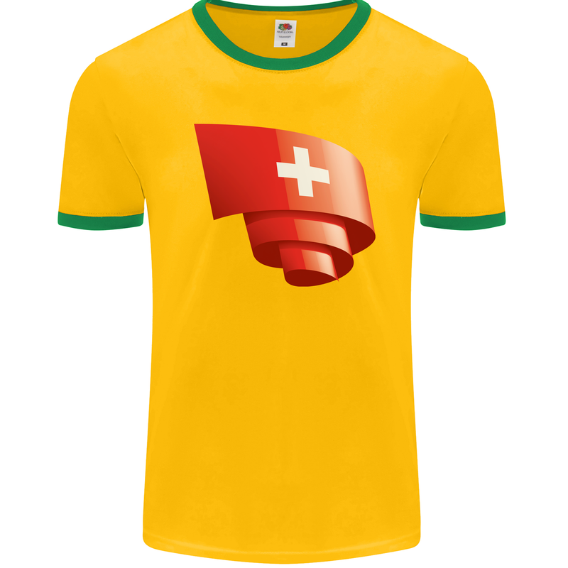 Curled Switzerland Flag Swiss Day Football Mens Ringer T-Shirt FotL Gold/Green