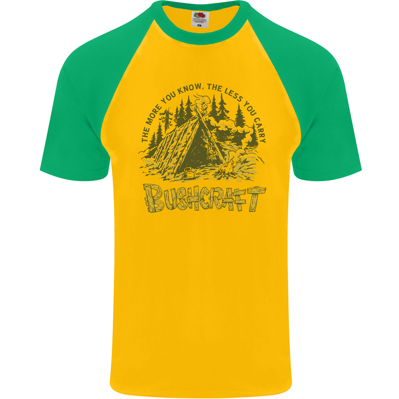 Bushcraft Funny Outdoor Pursuits Scouts Camping Mens S/S Baseball T-Shirt Gold/Green